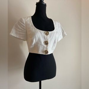 Nicholas Lou Crop Top Linen Cream White Gold Buttons Size 2